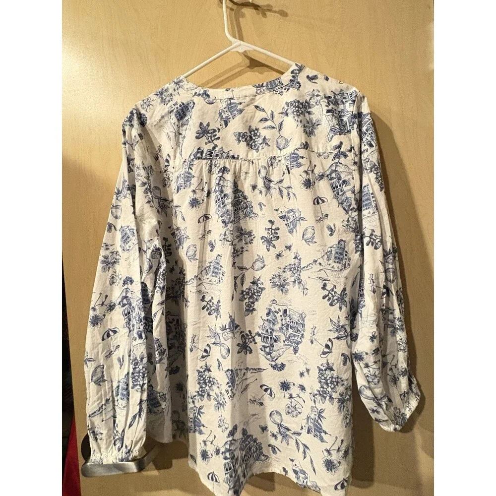 Lucky Brand XL Toile Print Peasant Blouse Balloon Sleeve Blue White Boho Top - Picture 5 of 6